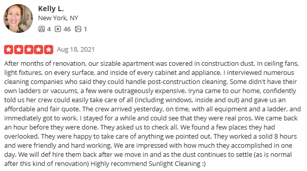 Review on Yelp: Kelly L. New York, NY, Aug 18, 2021, Review:  